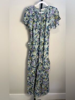 New Coldwater Creek Maxi Dress Floral Short Sleeve Ruffle Green Purple Small